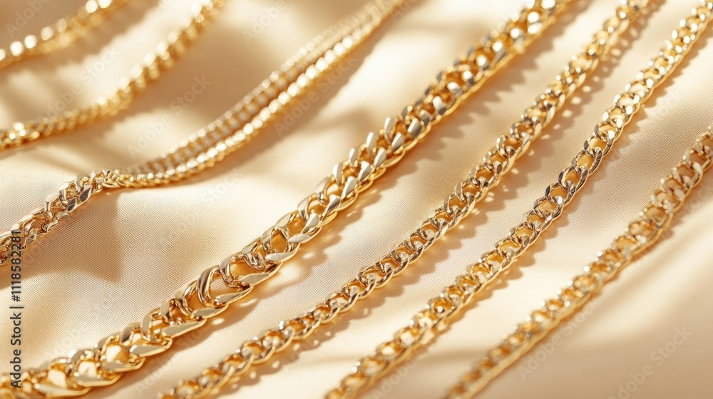 Fototapeta premium Elegant Display of Shiny Gold Chains on Luxurious Satin Fabric