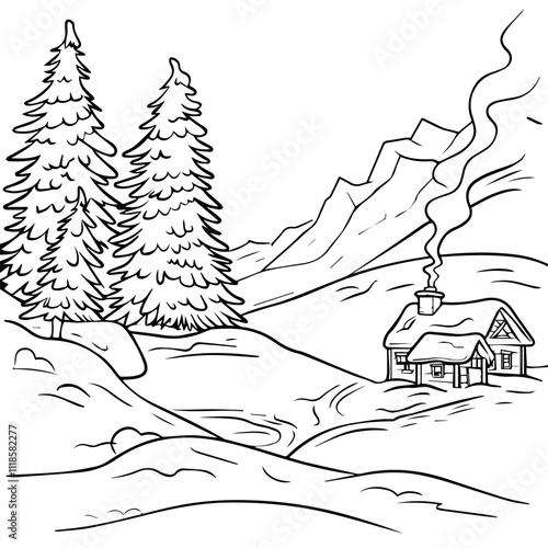 Mountain refuge cabin. Winter alpine landscape vector hand drawing