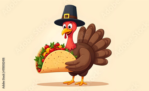 A cartoon turkey is dressed in a pilgrim hat and is holding a colorful, vegetable-filled taco photo