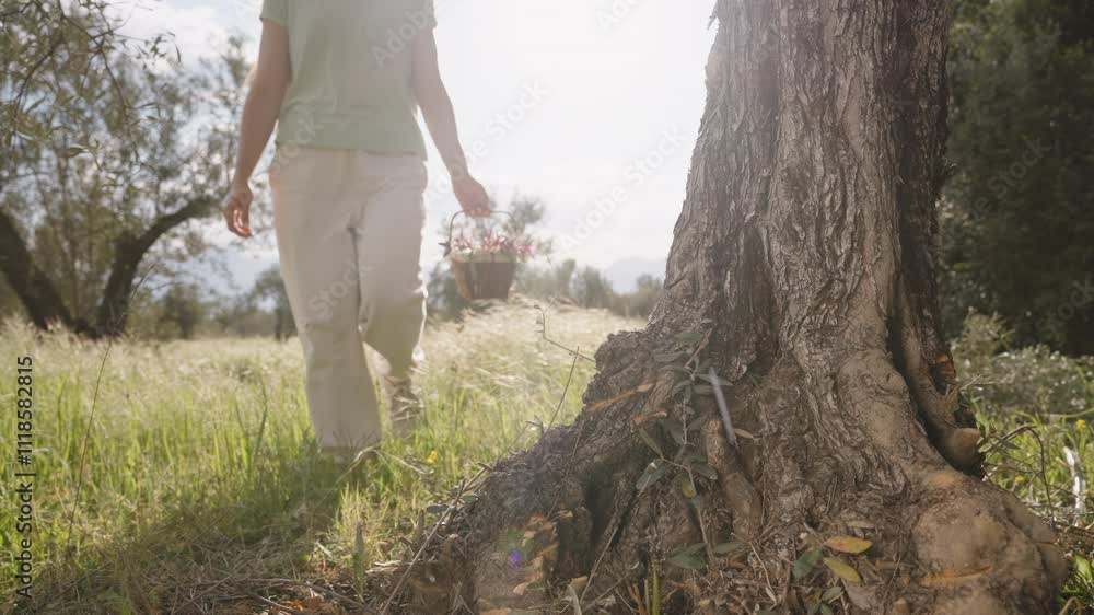 A Woman Places a Basket of Easter Eggs and Flowers Under a Tree, Preparing for an Easter Egg Hunt. Slow motion. A Woman Places a Basket of Easter Eggs and Flowers Under a Tree, Preparing for an Easter Egg Hunt. Slow motion.