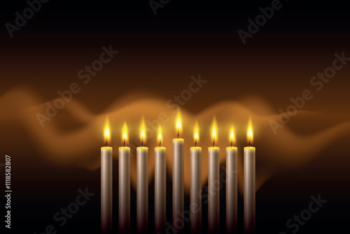 Hanukkah menorah, or hanukkiah for Jewish holiday Hanukkah. Hanukkah lamp, nine-branched candelabrum. Wave lights effects. EPS10 vector.