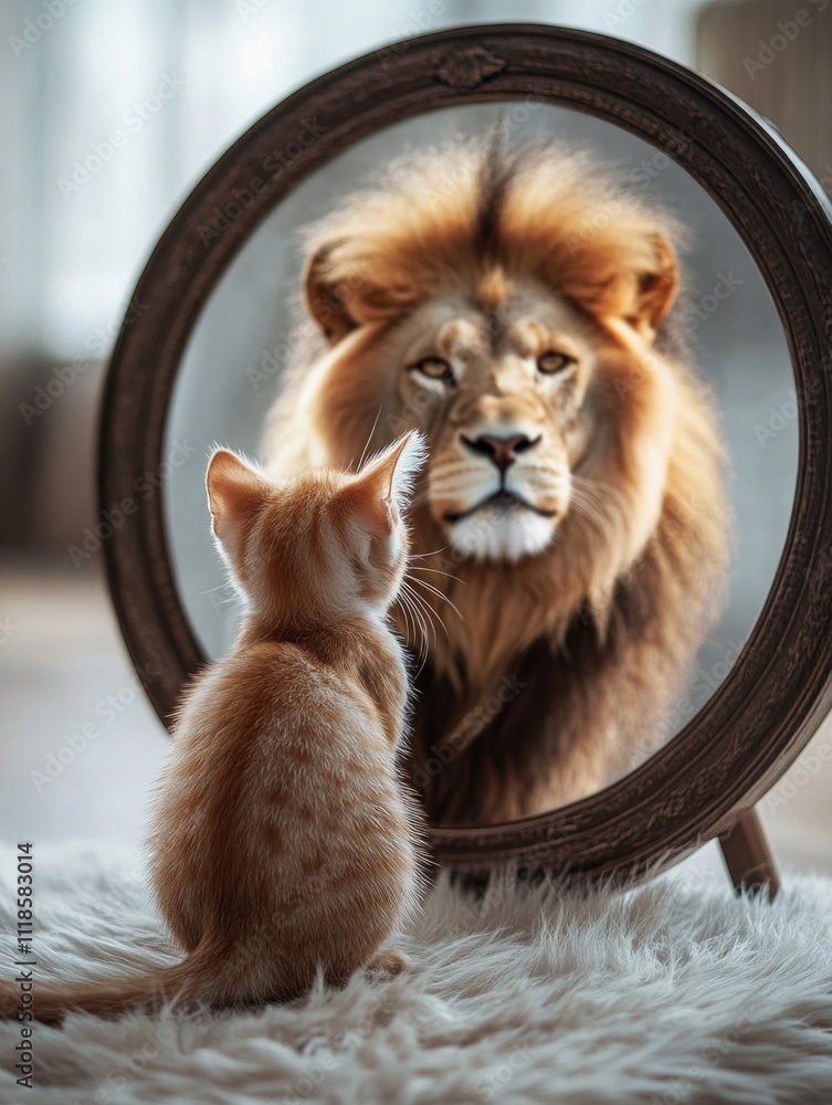 Fototapeta premium Kitten gazing at lion reflection in mirror on fluffy rug