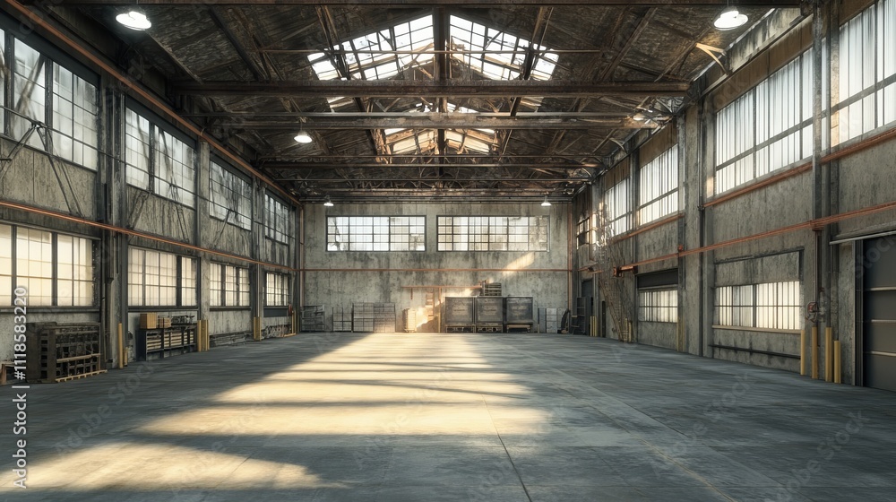 3D rendering of an empty warehouse, suitable for storage or industrial development mockups. 3D rendering of an empty warehouse, suitable for storage or industrial development mockups.