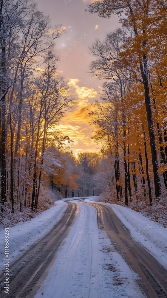 Winter Wonderland Road: A picturesque snow-covered road winds through a forest bathed in the warm glow of a winter sunset. The scene evokes tranquility and the magic of the season. Winter Wonderland Road: A picturesque snow-covered road winds through a forest bathed in the warm glow of a winter sunset. The scene evokes tranquility and the magic of the season.