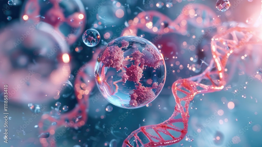 3D rendered liquid bubble containing a molecule, in a cosmetic essence, with a DNA water splash background. Captivating and vibrant 3D rendered liquid bubble containing a molecule, in a cosmetic essence, with a DNA water splash background. Captivating and vibrant