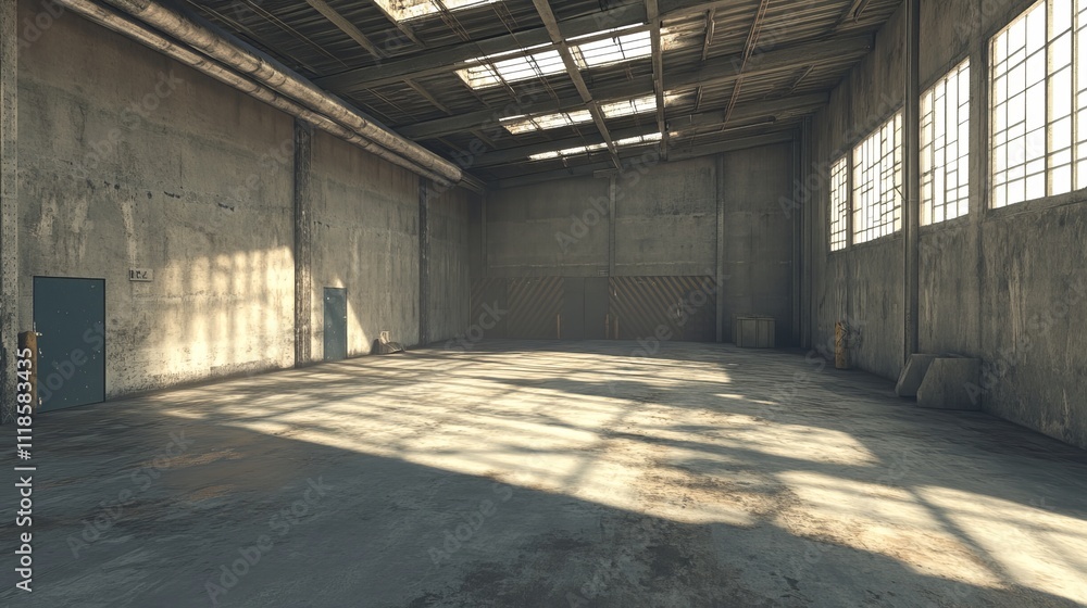 3D rendering of an empty warehouse, suitable for storage or industrial development mockups. 3D rendering of an empty warehouse, suitable for storage or industrial development mockups.