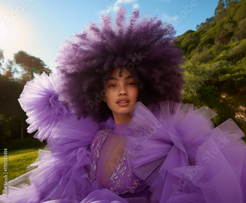 Fashion model in a voluminous purple gown with natural afro hair, standing confidently in a lush outdoor setting. High fashion editorial portrait.