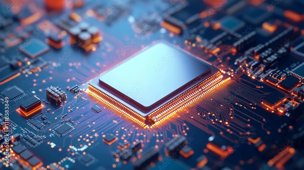 Abstract AI circuit board with tech lines, processor, and chip illustration. Digital motherboard background. Abstract AI circuit board with tech lines, processor, and chip illustration. Digital motherboard background.