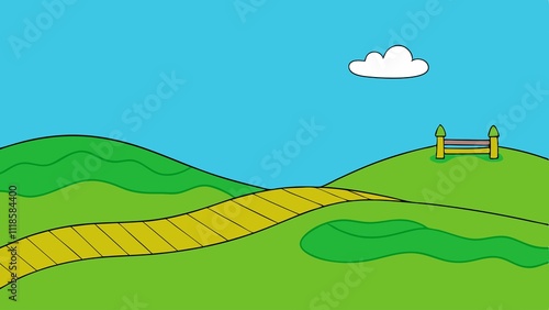 Hilly Landscape with Gentle Green Cartoon Hills Stretching Across a Scenic Countryside in a Whimsical Style