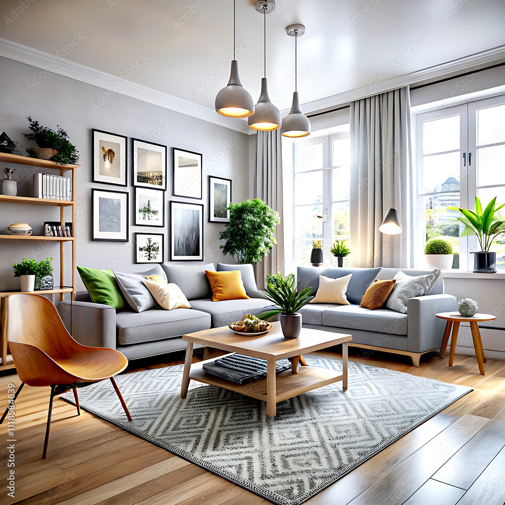 Fototapeta premium Interior design of modern scandinavian apartment, living room 3d rendering