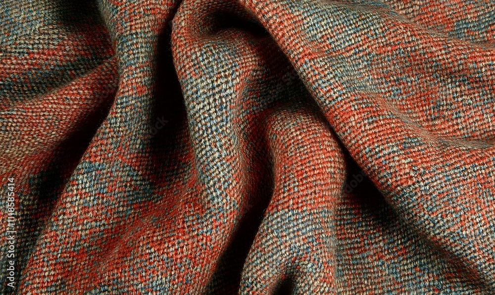 Wrinkled, textured fabric with a mix of rust, teal, and beige hues. Wrinkled, textured fabric with a mix of rust, teal, and beige hues.