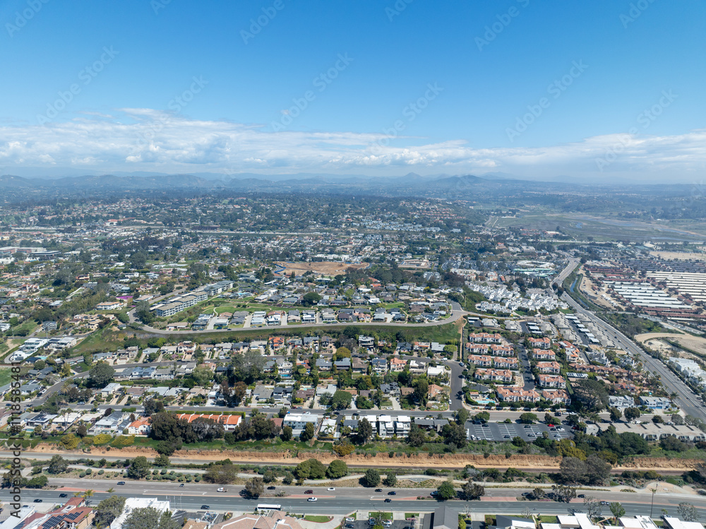 Aerial view of Del Mar Town, California coastal town next the Pacific ocean. San Diego County, California, USA