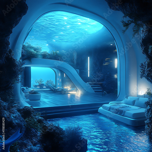 A futuristic underwater dome house with a panoramic view of marine life and ambient blue lighting  photo