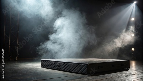 Catwalk in a dark photo studio with lighting and white smoke photo