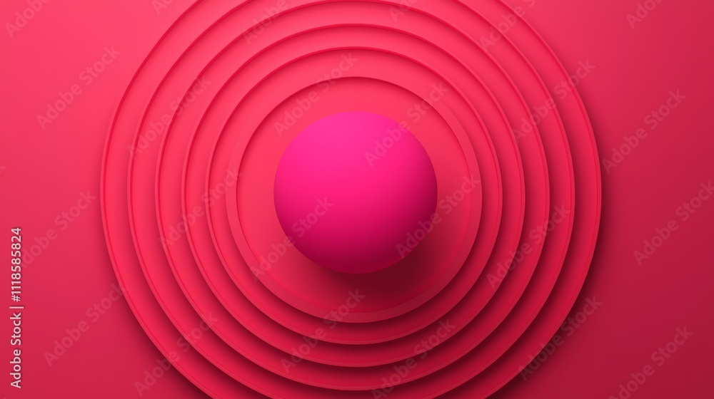 A vibrant pink sphere sits at the center of concentric circular waves, creating a striking visual contrast against a solid red background. A vibrant pink sphere sits at the center of concentric circular waves, creating a striking visual contrast against a solid red background.