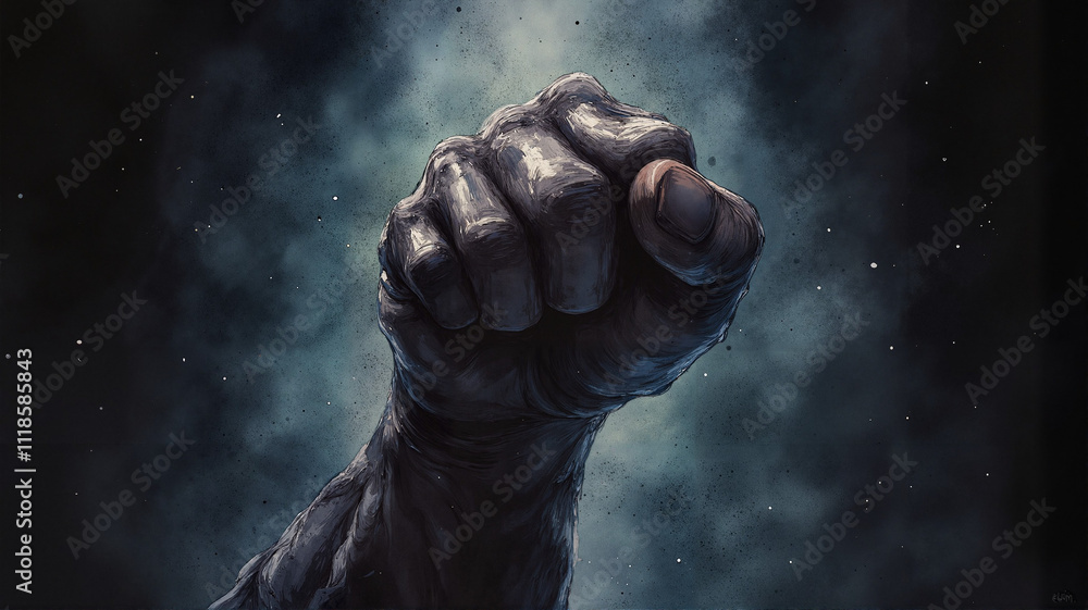 Obraz premium Powerful raised fist in dramatic background symbolizing strength and resistance