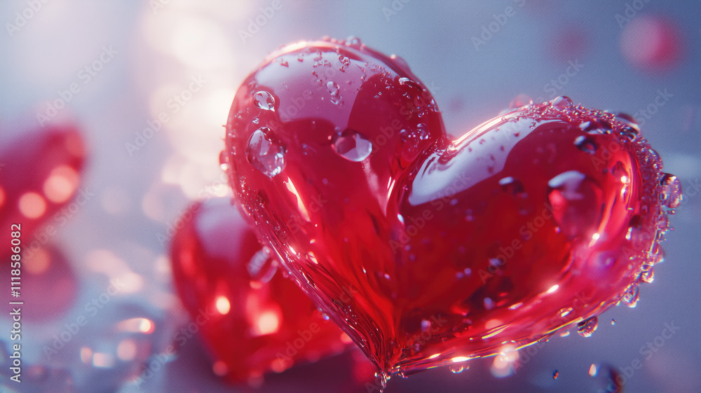 Generative AI image of glossy red hearts with water droplets Generative AI image of glossy red hearts with water droplets