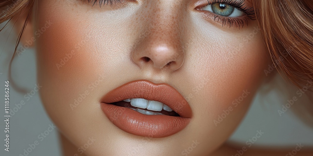 Close-up portrait of a woman with striking features showcasing perfect makeup and smooth skin, highlighting her captivating lips and expressive eyes in soft lighting Close-up portrait of a woman with striking features showcasing perfect makeup and smooth skin, highlighting her captivating lips and expressive eyes in soft lighting