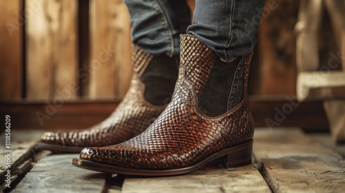 Stylish Brown Leather Boots with Textured Design on Wooden Floor