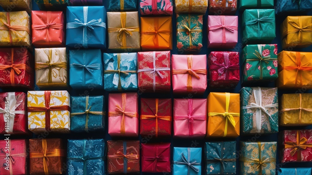 Colorful Wrapped Gifts Displayed in an Attractive Flat Lay Arrangement Colorful Wrapped Gifts Displayed in an Attractive Flat Lay Arrangement