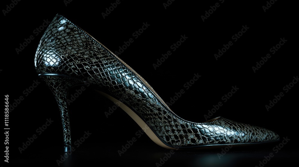 Elegant High Heel with Stylish Snakeskin Pattern on Black Background Elegant High Heel with Stylish Snakeskin Pattern on Black Background