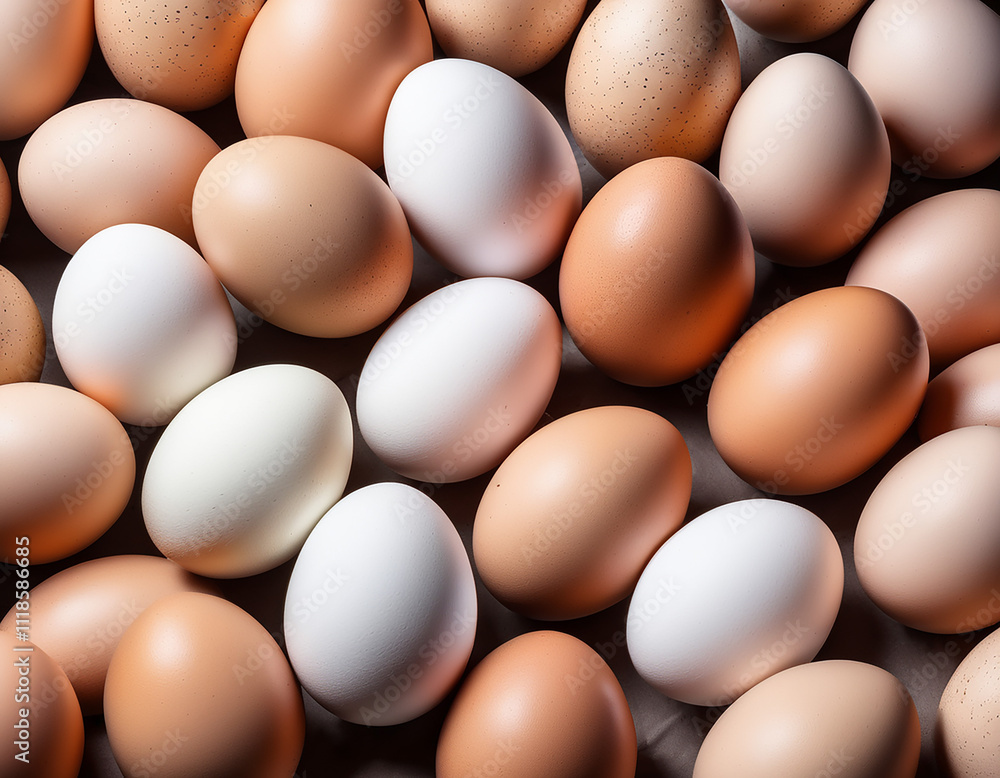 Many different colored eggs, mostly brown and white, are arranged closely together Many different colored eggs, mostly brown and white, are arranged closely together