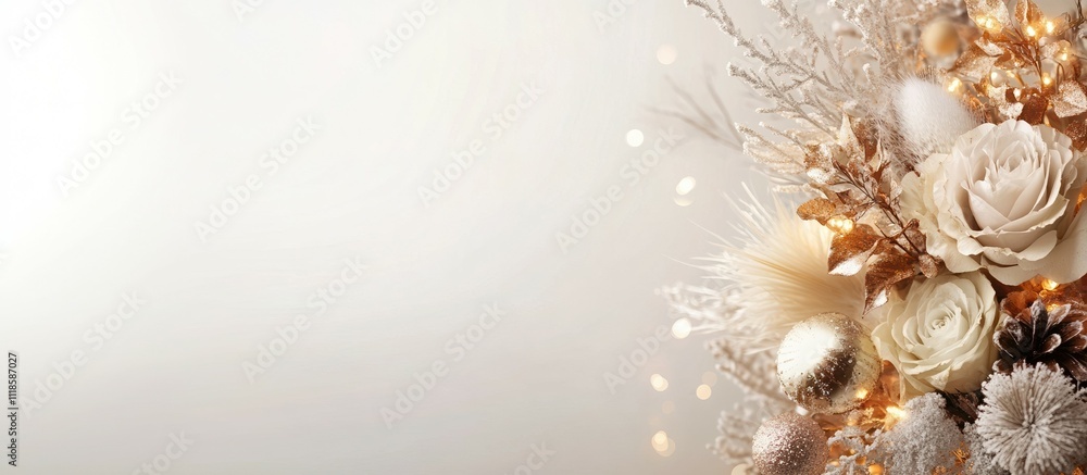 Obraz premium festive elegant bouquet made of dried flowers plants feathers, decorated with warm fairy lights and Christmas balls, banner with copy space. holiday greeting card, floral arrangement tutorial concept.