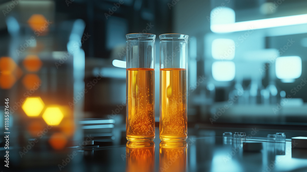 Generative AI image of transparent glass test tubes with orange colored liquid sample for testing while placed on table with glassware against blurred scientific laboratory Generative AI image of transparent glass test tubes with orange colored liquid sample for testing while placed on table with glassware against blurred scientific laboratory
