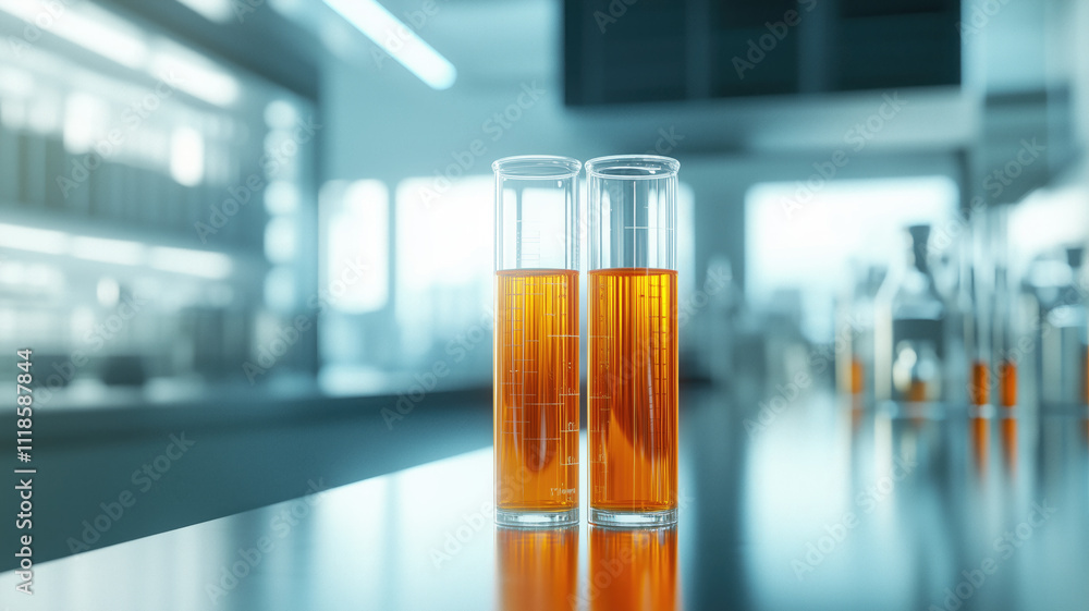 Generative AI image of transparent glass test tubes with orange colored liquid sample for testing while placed on table with glassware against blurred scientific laboratory Generative AI image of transparent glass test tubes with orange colored liquid sample for testing while placed on table with glassware against blurred scientific laboratory
