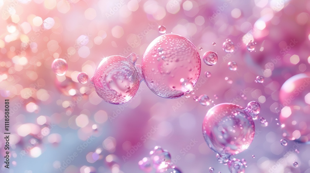 3D rendered liquid bubble containing a molecule, in a cosmetic essence, with a DNA water splash background. Captivating and vibrant 3D rendered liquid bubble containing a molecule, in a cosmetic essence, with a DNA water splash background. Captivating and vibrant