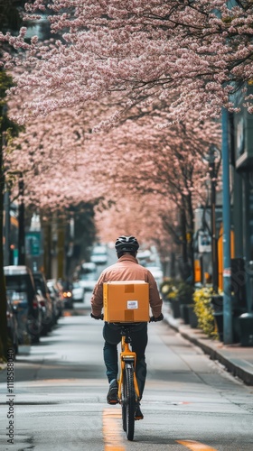 Wallpaper Mural Springtime Delivery: A delivery cyclist navigates a scenic, blossom-lined street, carrying a package and contributing to the vibrant cityscape.  Torontodigital.ca
