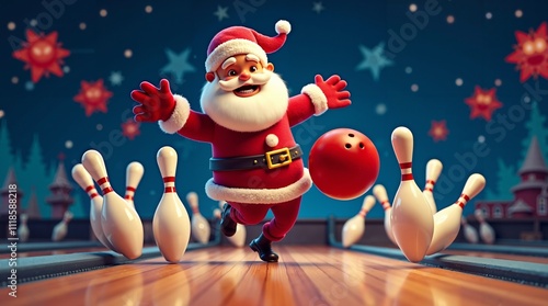 A santa claus is bowling in a bowling alley