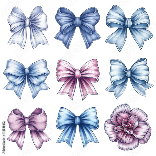 A set of blue and pink bows with a flower in the middle