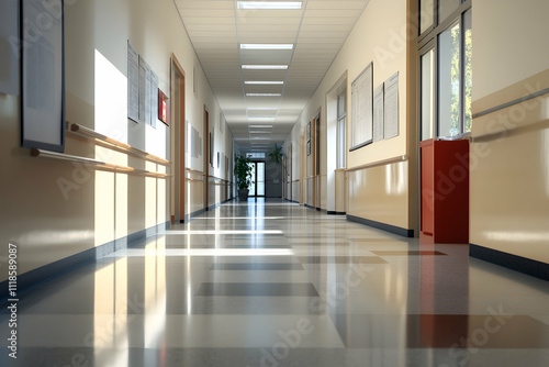 Blank poster frame mockup in a modern university hallway4k image