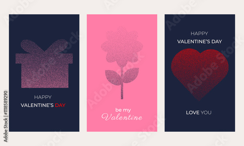 Set of posters dedicated to Valentine's Day. Holiday concept. Flower, heart and gift with grunge texture. Minimalistic design. Vector illustration.