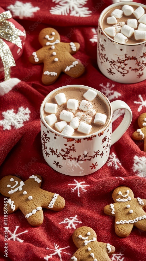 Fototapeta premium Cozy Christmas Cocoa & Cookies: A festive scene unfolds with a delightful mug of cocoa topped with fluffy marshmallows, surrounded by charming gingerbread men and festive decorations. A cozy treat.