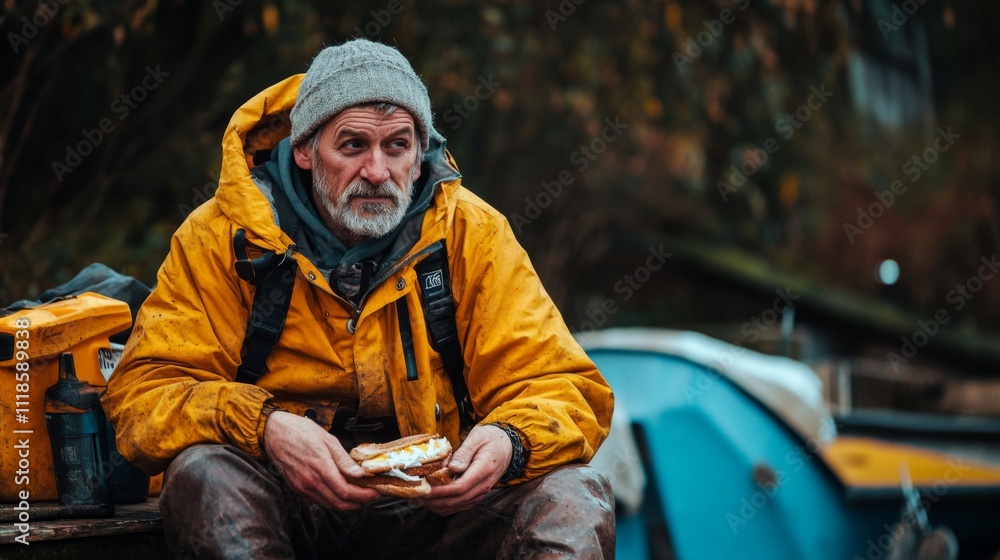 An older man in a yellow jacket sits thoughtfully by the water. He enjoys a sandwich reflecting on his day. The scene captures stillness and contemplation. Generative AI An older man in a yellow jacket sits thoughtfully by the water. He enjoys a sandwich reflecting on his day. The scene captures stillness and contemplation. Generative AI