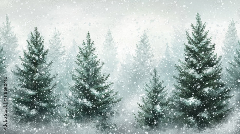 Obraz premium Winter foggy evergreen forest with snow