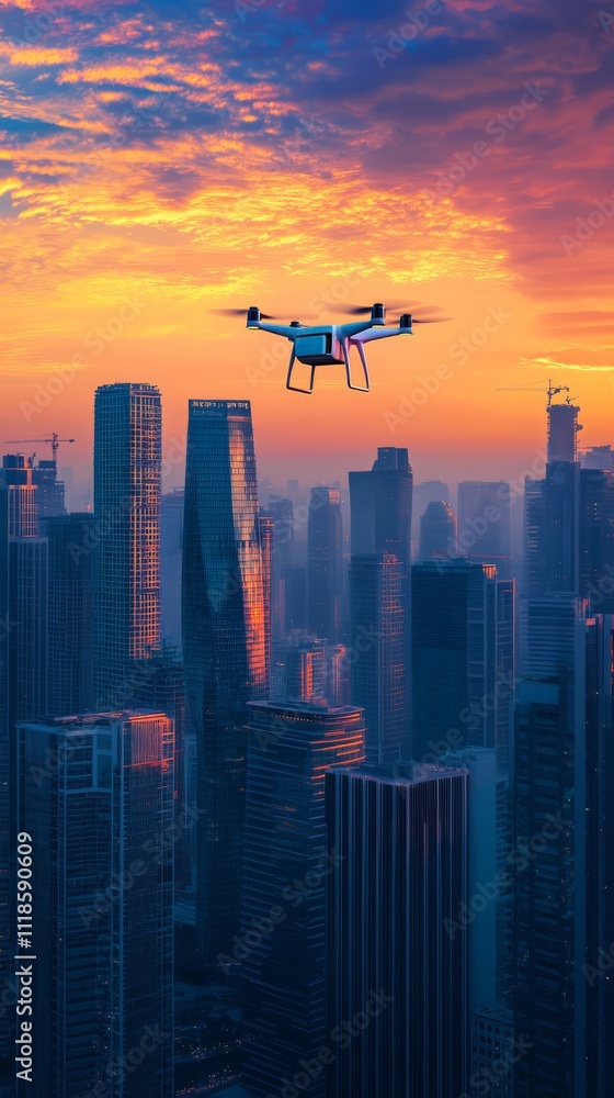 Drone Soaring Above City Skyline at Sunrise Drone Soaring Above City Skyline at Sunrise