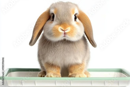 minimal photostock of a  Funny bunny or baby rabbit fur gray with long ears is standing for Easter Day on isolated white background photo