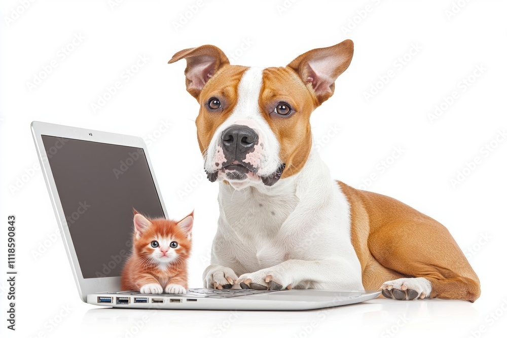 minimal photostock of a American staffordshire terrier dog with little red kitten in front of a laptop , isolated on white background, , copy space, copy space for text, minimal photostock of a American staffordshire terrier dog with little red kitten in front of a laptop , isolated on white background, , copy space, copy space for text,