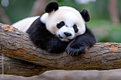 minimal photostock of a  Lazy Panda Bear Sleeping on a Tree Branch, China Wildlife photo