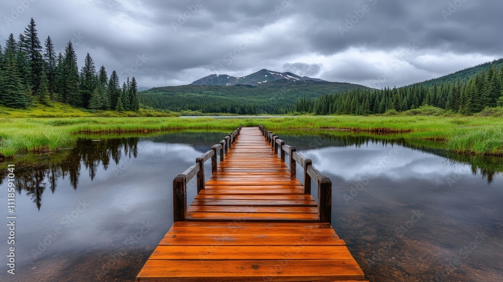 Obraz premium A wooden walkway with railings stretches over a tranquil lake, framed by lush greenery and a cloudy sky, perfect for exploring the natural landscape on a rainy day