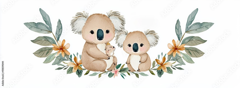 Obraz premium minimal photostock of a Watercolor cute cartoon little baby and mom koala with floral wreath