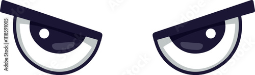 Cartoon eyes are expressing anger in a comical way, creating a funny facial expression with dark pupils and lowered eyebrows, conveying a negative human emotion
