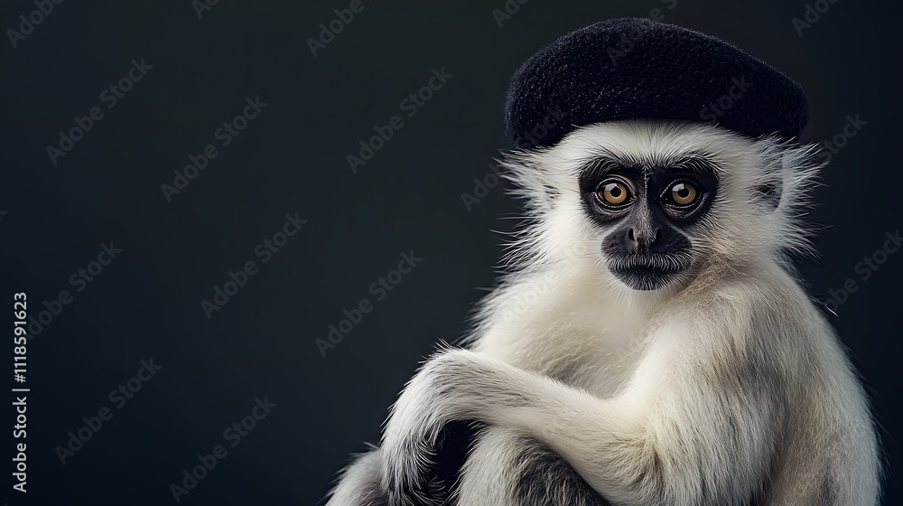 Portrait of a cute monkey wearing a beret against a black background Portrait of a cute monkey wearing a beret against a black background