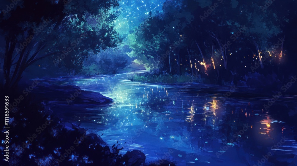 Obraz premium Enchanted Night River: A Serene Nocturnal Landscape
