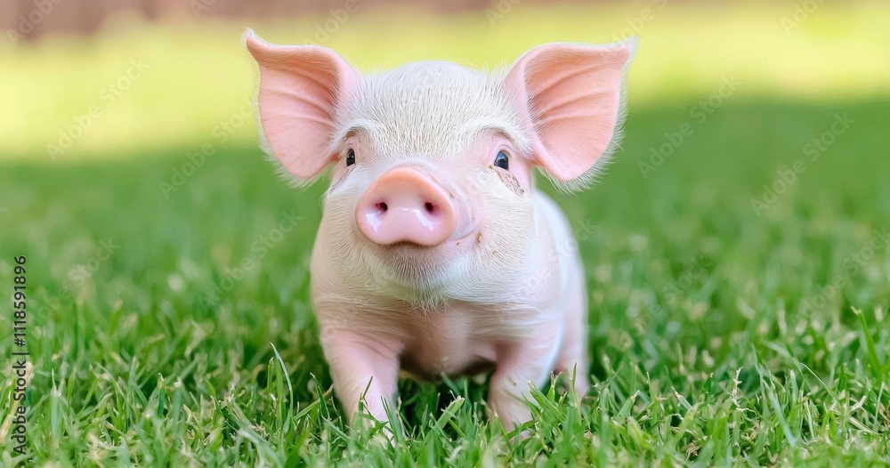 minimal photostock of a pig cute newborn standing on a grass lawn minimal photostock of a pig cute newborn standing on a grass lawn