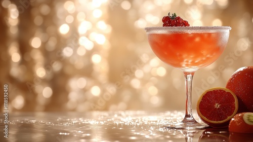 A vibrant cocktail served in a chilled glass, adorned with berries and surrounded by fresh fruit photo