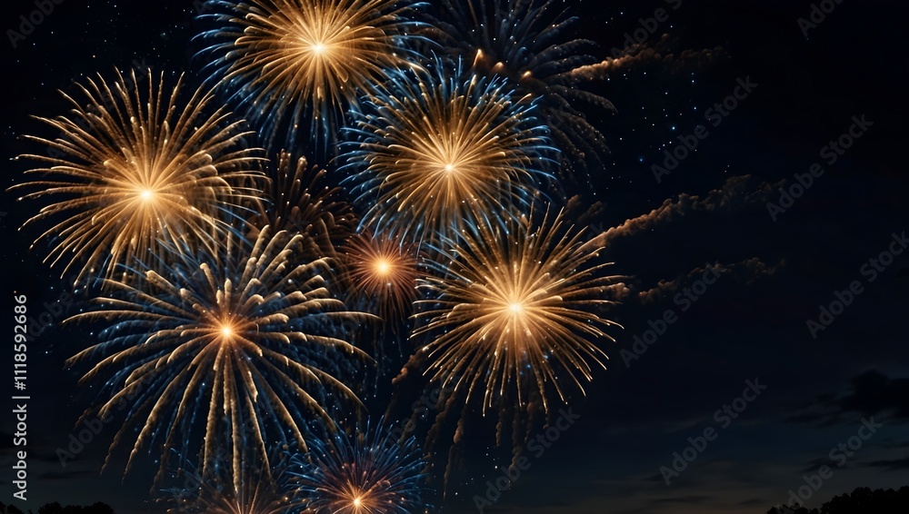 Fototapeta premium Bright gold and blue fireworks burst against a dark night sky.